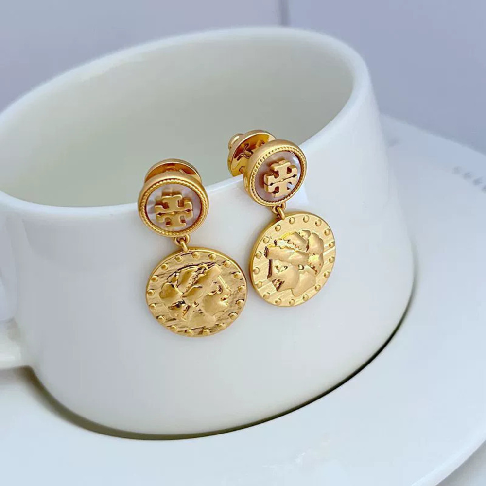Tory Burch Vintage Gold Plated Cameo Shell Dangle Earrings